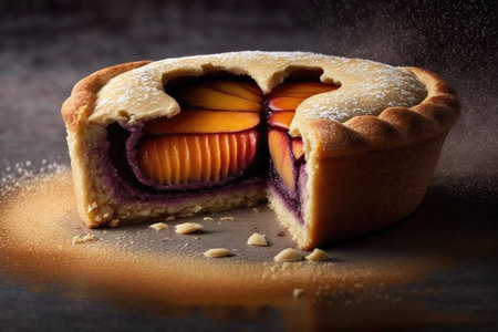delicious plum mini pie with piece torn out of spiral dough, created with generative aiの素材