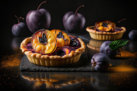 fresh plum mini pie with yellow glaze on dark background, created with generative aiの素材