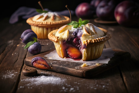 sweet homemade plum mini pie on wooden table, created with generative aiの素材