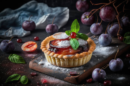 fresh homemade plum mini pie with jelly and delicious ripe plums, created with generative aiの素材