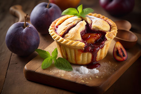 fresh homemade plum mini pie with jelly and delicious ripe plums, created with generative aiの素材