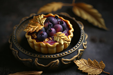 fruity delicious plum mini pie with decoration of golden leaves, created with generative aiの素材