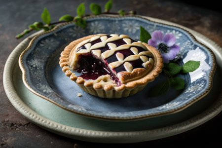 sweet homemade plum mini pie with glossy glaze on plate, created with generative aiの素材