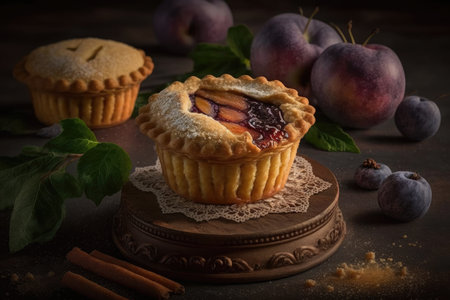 plum mini pie with sweet juicy filling on table, created with generative aiの素材