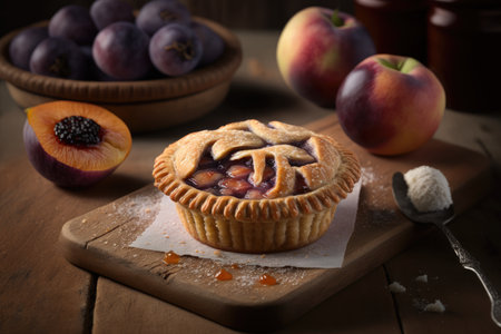 plum mini pie with sweet juicy filling on table, created with generative aiの素材