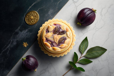 hand-made plum mini pie with golden crust on marble background, created with generative aiの素材