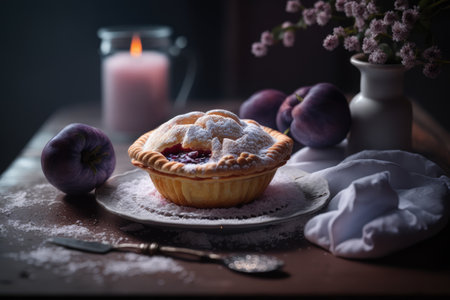 delicate homemade plum mini pie on table, created with generative aiの素材