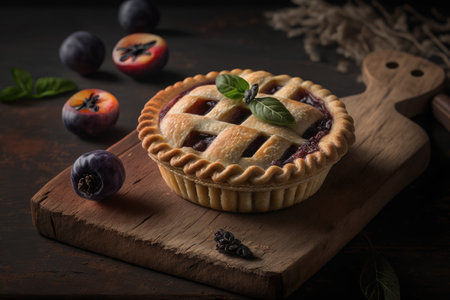 homemade plum mini pie with glaze on wooden board, created with generative aiの素材