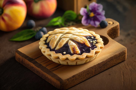 homemade plum mini pie with glaze on wooden board, created with generative aiの素材