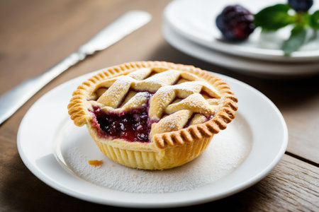 sweet homemade plum mini pie on white plate in bakery, created with generative aiの素材