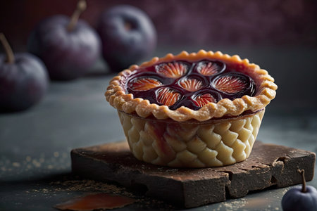 homemade plum mini pie with thick shiny glaze on top, created with generative aiの素材