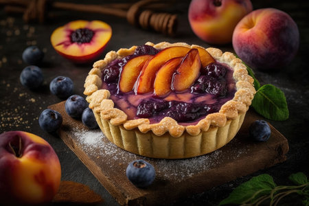 beautiful fruit plum mini pie with juicy pieces of plum, created with generative aiの素材
