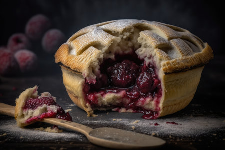 homemade plum mini pie with raspberry jam in section of dough, created with generative aiの素材