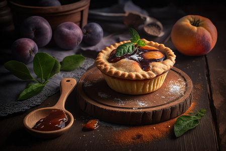baked plum mini pie with aromatic marmalade on wooden table, created with generative aiの素材