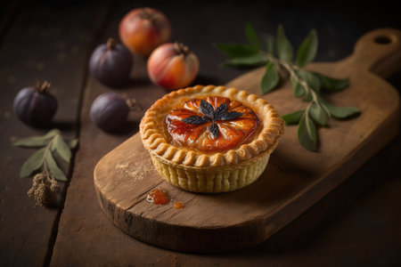 baked plum mini pie with aromatic marmalade on wooden table, created with generative aiの素材