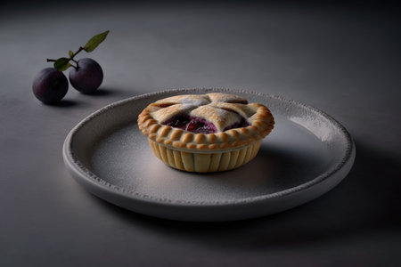 cheerful delicious plum mini pie in plate on gray background, created with generative aiの素材