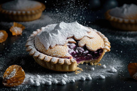 round slices plum mini pie with sprinkle of powdered sugar, created with generative aiの素材
