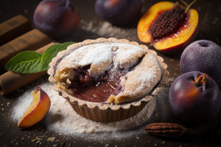 homemade plum mini pie with sugar and cinnamon coating, created with generative aiの素材