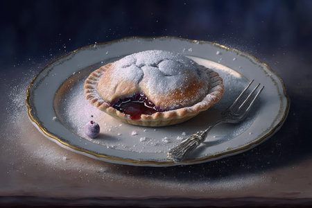 leavened plum mini pie with sugar on plate, created with generative aiの素材