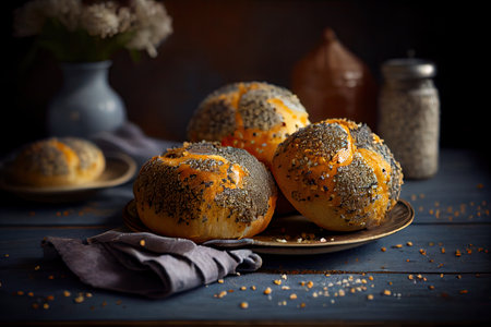 beautiful aromatic poppy seed buns with dense layer of sesame crumble, created with generative aiの素材