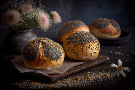 beautiful aromatic poppy seed buns with dense layer of sesame crumble, created with generative aiの素材