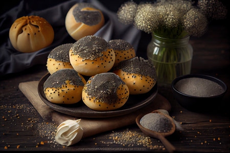 beautiful aromatic poppy seed buns with dense layer of sesame crumble, created with generative aiの素材