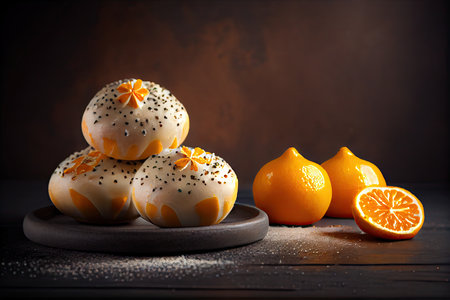 traditional white poppy seed buns with orange glaze on dark background, created with generative aiの素材
