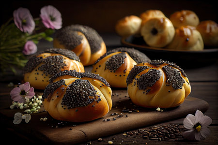 homemade poppy seed buns with dark glaze, created with generative aiの素材