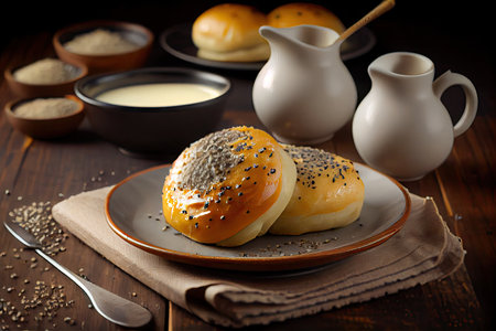 chicken hot poppy seed buns with milk glaze, created with generative aiの素材