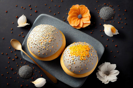 sweet dessert in form of poppy seed buns with sprinkles for breakfast, created with generative aiの素材