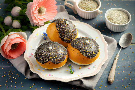 sweet dessert in form of poppy seed buns with sprinkles for breakfast, created with generative aiの素材