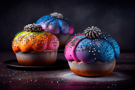 beautiful multi-colored poppy seed buns with glaze on dark background, created with generative aiの素材