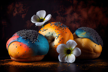 beautiful multi-colored poppy seed buns with glaze on dark background, created with generative aiの素材