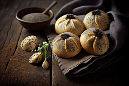home baked poppy seed buns with grains of flour and sugar, created with generative aiの素材