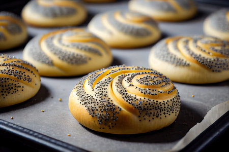 sweet homemade poppy seed buns on baking sheet, created with generative aiの素材
