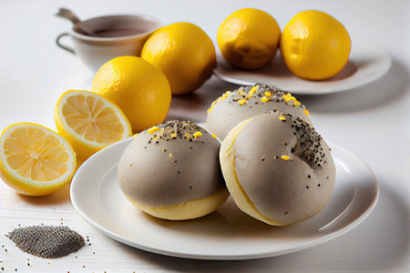 soft fragrant poppy seed buns with lemon filling on white plate, created with generative aiの素材