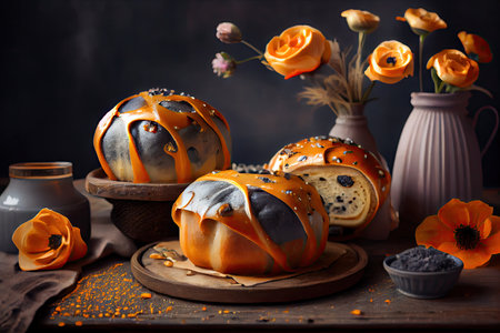 delicious poppy seed buns with caramel glaze and flowers, created with generative aiの素材