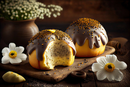 beautiful sweet poppy seed buns with spongy dough and marzipan glaze, created with generative aiの素材