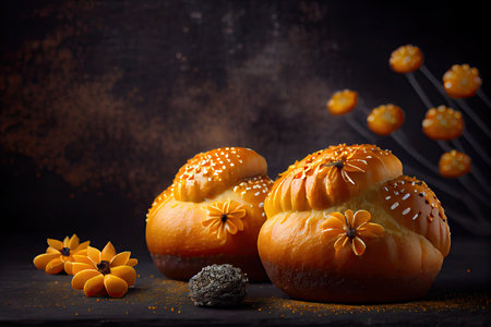 golden poppy seed buns for holiday pastries on dark background, created with generative aiの素材