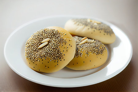 flat poppy seed buns with seeds and sesame on white plate, created with generative aiの素材
