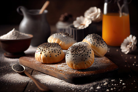 sweet poppy seed buns with glaze and powdered sugar, created with generative aiの素材