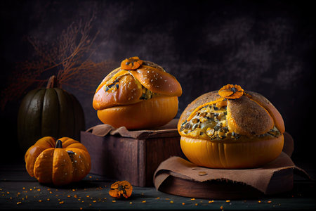 bright original pumpkin poppy seed buns with nuts on dark background, created with generative aiの素材