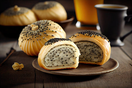 homemade pastries poppy seed buns with glaze on slice, created with generative aiの素材