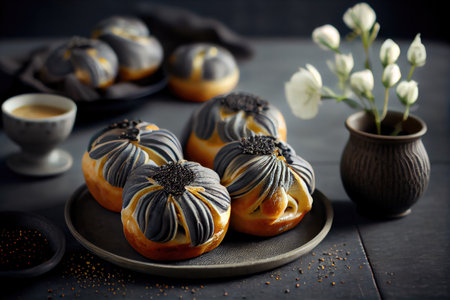 delicate poppy seed buns with variegated glaze for breakfast, created with generative aiの素材