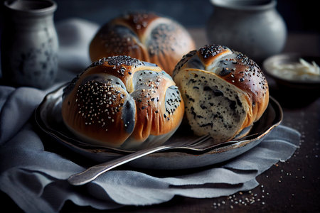 delicate poppy seed buns with variegated glaze for breakfast, created with generative aiの素材