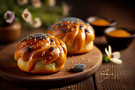 delightful poppy seed buns with caramel glaze and sugar, created with generative aiの素材