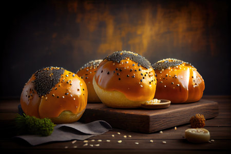 golden baked poppy seed buns with glaze on table, created with generative aiの素材