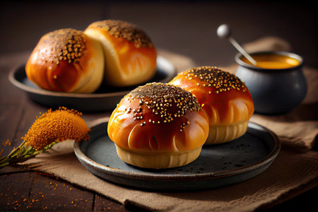 golden baked poppy seed buns with glaze on table, created with generative aiの素材