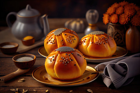 golden baked poppy seed buns with glaze on table, created with generative aiの素材