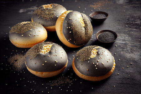 round delicious poppy seed buns with shiny glaze on light gray background, created with generative aiの素材